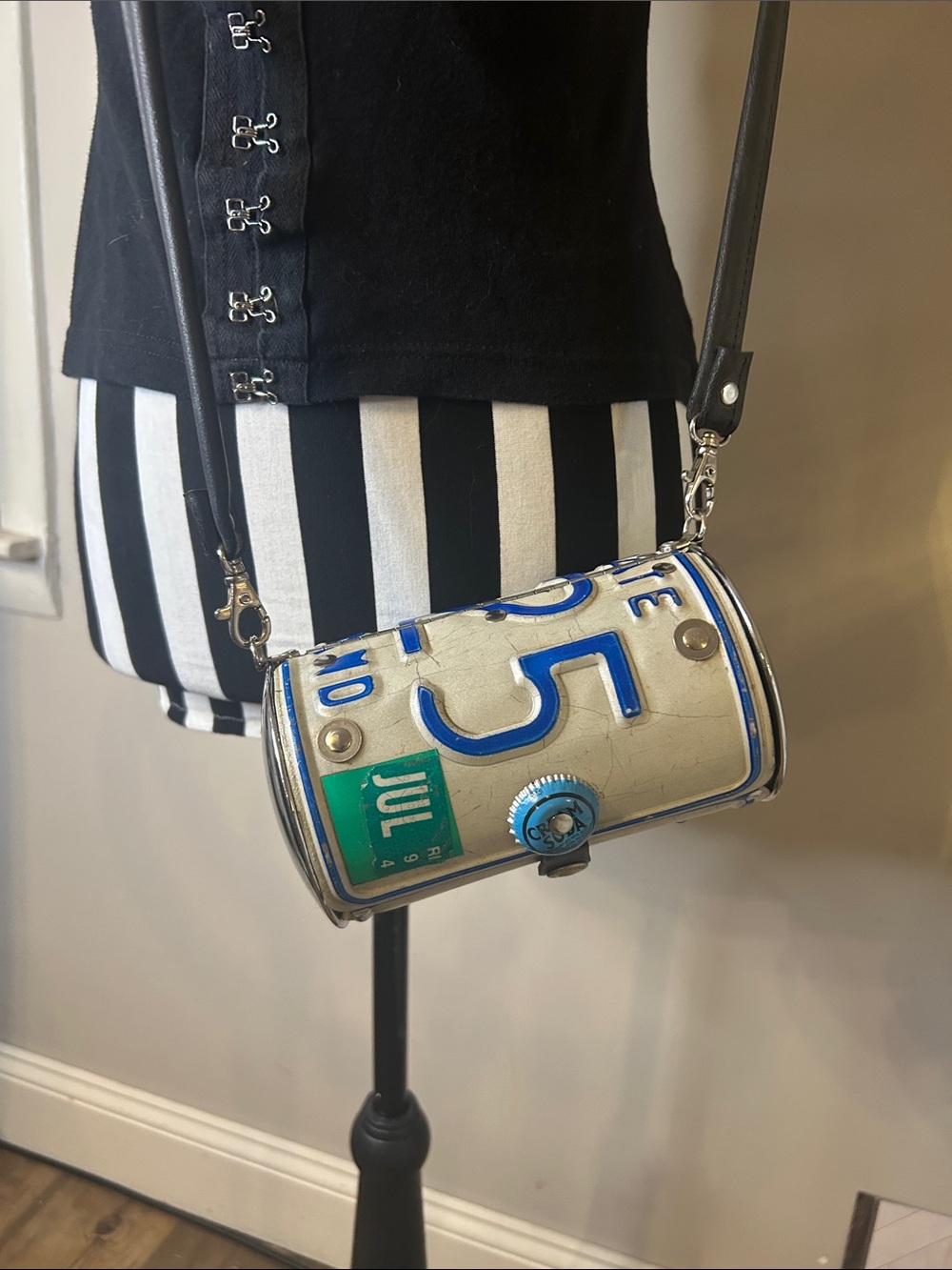 Vintage Rhode Island White and Blue License-Plate Cylinder Crossbody Bag